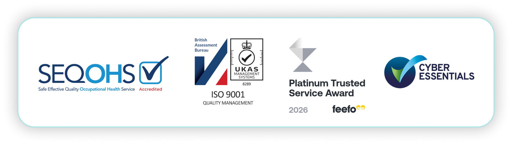SEQOHS, ISO 9001, Feefo Platinum Trusted Service Award and Cyber Essentials accreditations