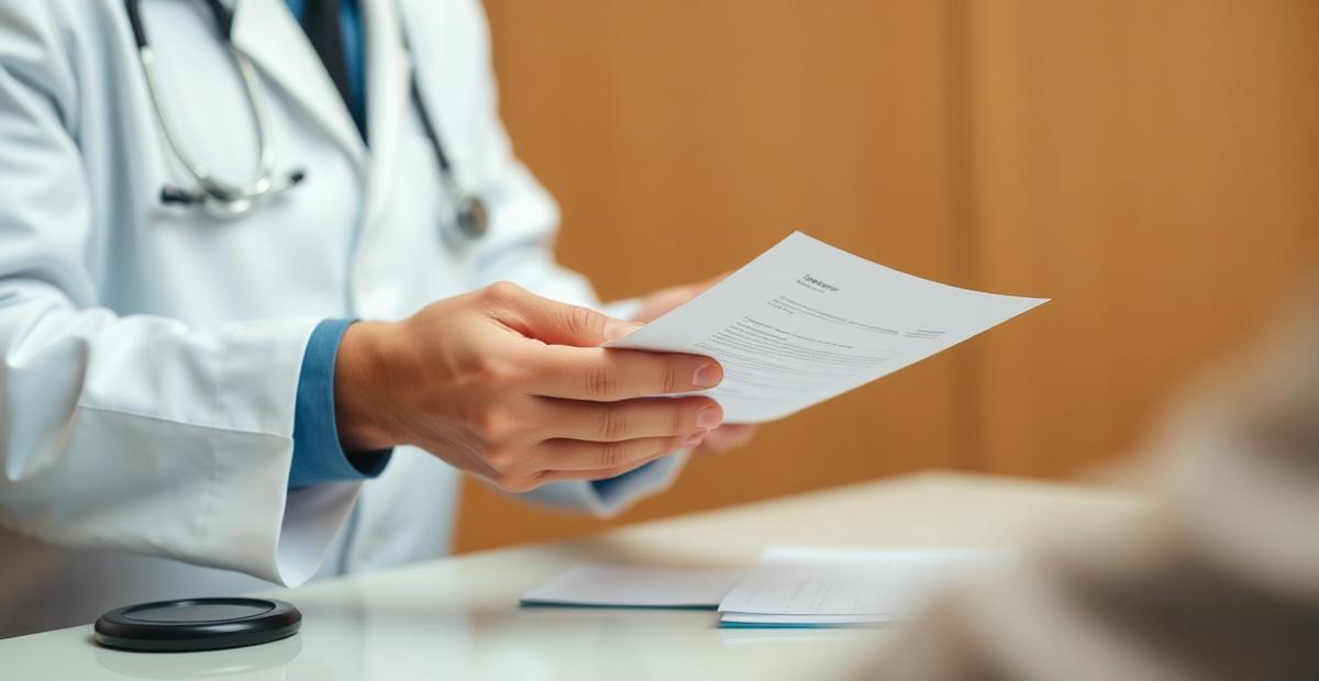 Clinician handing a medication report to a patient